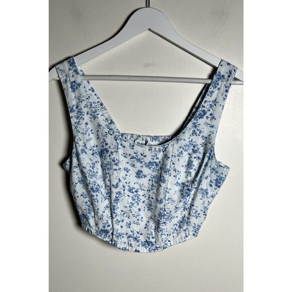 Midnight Sky Womens Large Blue Floral Toile Cotton Flax Crop Strappy Smocked Top - Picture 1 of 8